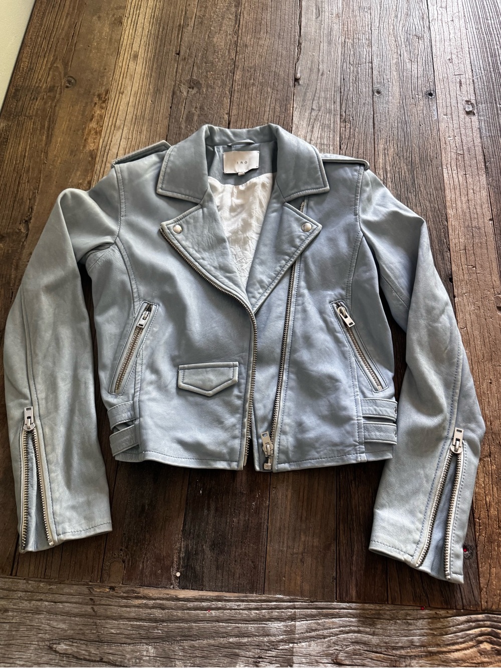 IRO LIGHT BLUE LEATHER BIKER JACKET. SIZE 38. 🩵